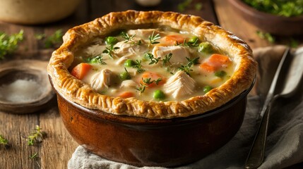 A hearty chicken pot pie, filled with diced chicken, mixed vegetables, and a creamy sauce, enclosed in a golden, flaky crust. A perfect home-cooked comfort meal