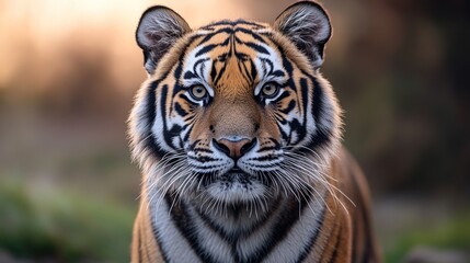 Fototapeta premium A powerful tiger focuses intently, illuminated by the soft glow of evening light