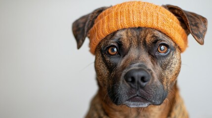 Obraz premium A charming dog in an orange hat captures attention with its expressive gaze