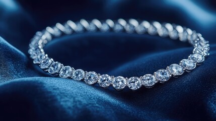 A high-angle shot of an elegant diamond necklace resting on a blue velvet surface, highlighting the shimmering gemstones against the soft texture