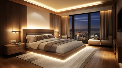 Fototapeta premium Modern Bedroom with City View and LED Lighting