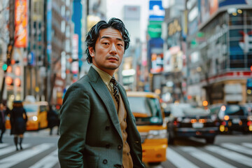 Fototapeta premium Full portrait of the Japanese man, wearing green bright business suits, wearing a yellow shirts inside the jacket, wearing a blue tie.