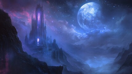 Towering Castle Under a Blue Moon & Starry Sky, Fantasy Night Landscape