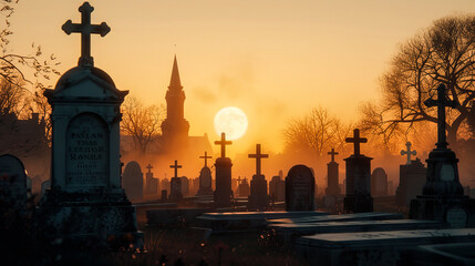 Fototapeta premium Sunset Cemetery: A haunting silhouette of a graveyard at sunset, with crosses silhouetted against the fiery sky. The image evokes a sense of peace, reflection, and the passage of time.