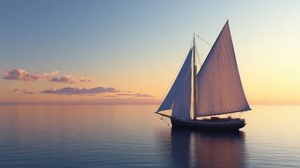 Fototapeta premium A large sailboat cuts through calm ocean waters at dusk, the sails catching the last rays of sunlight. Evening colors blend into the horizon.