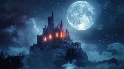 A Dark Castle Stands Tall Under a Full Moon, Mysterious and Eerie
