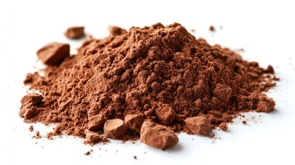 A neat pile of cocoa powder on a white background, emphasizing the rich color and fine texture of the product