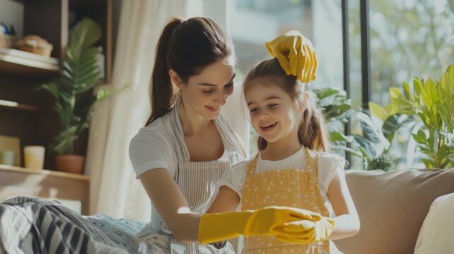 A mother and daughter joyfully engage in cleaning activities together on a sunny afternoon in their cozy living room