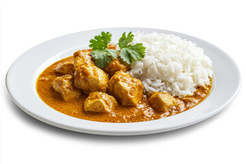 Chicken curry with rice on a white plate