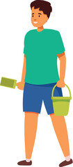 Young boy is holding a shovel and bucket, excited to build sand castles on the beach