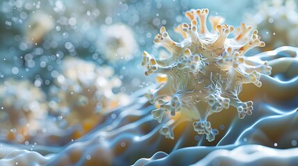 3D visualization of coronavirus particles in a biological environment, showing detailed virus structure