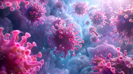 3D visualization of coronavirus particles in a biological environment, showing detailed virus structure