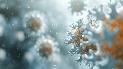 3D visualization of coronavirus particles in a biological environment, showing detailed virus structure