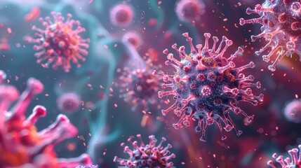 3D visualization of coronavirus particles in a biological environment, showing detailed virus structure