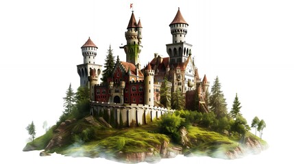 Obraz premium A majestic castle sits atop a hill, surrounded by lush greenery. The white walls and red-tiled roofs create a fairytale-like atmosphere.