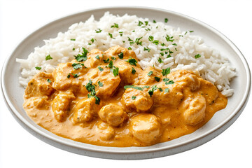 Chicken curry with rice on a white plate