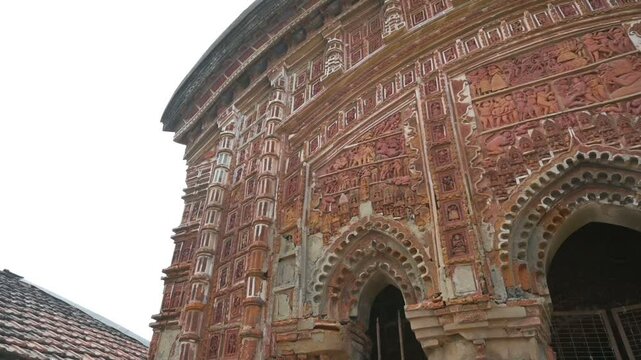 Famous Antpur Radhagovindjiu temple with crafted wood and exquisite terracotta carvings depicting stories from all 18 puranas. Here Swami Vivekananda took monastic vows in 1886, West Bengal, India