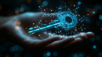 Hand Holding Digital Key Hologram, Futuristic Cybersecurity Concept