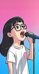 Cartoon girl with glasses singing into a microphone against a gradient pink and blue background