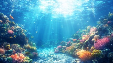 Fototapeta premium A beautiful coral reef with a variety of colorful fish swimming in the water. The sunlight is shining through the water, creating a serene and peaceful atmosphere