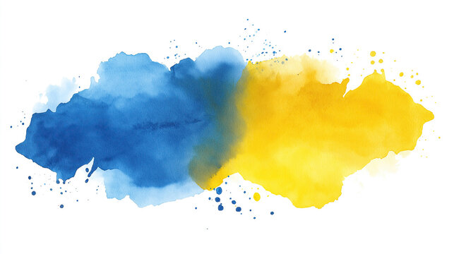 one single blue and yellow watercolor aquarelle abstract splash stain isolated on white background