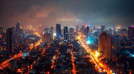 Fototapeta premium A cityscape at night, the city illuminated by thousands of lights, a bustling nightlife scene