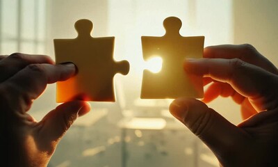 Two hands connecting puzzle pieces with sunlight shining through, symbolizing teamwork, collaboration, and business solutions in a bright office setting