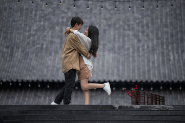 Happy Asian lesbian lgbtq couple dating in love