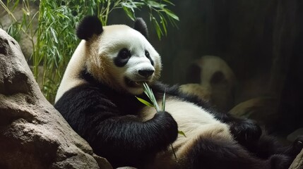 Obraz premium A panda laying back in its zoo enclosure, chewing on a bamboo stalk with a satisfied look. The scene captures the peaceful life of pandas in captivity