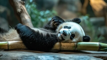 A panda lying on its back in the zoo, chewing on a large bamboo stalk. The panda looks completely relaxed and carefree as it enjoys its meal