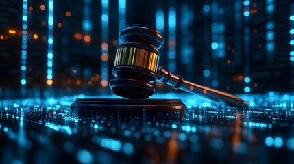 A digital gavel symbolizing justice in a futuristic, tech-inspired environment.