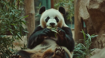 Obraz premium A panda sitting up in the zoo, holding bamboo in its paws and chewing happily. The zoo enclosure provides a peaceful backdrop for the pandaaes meal
