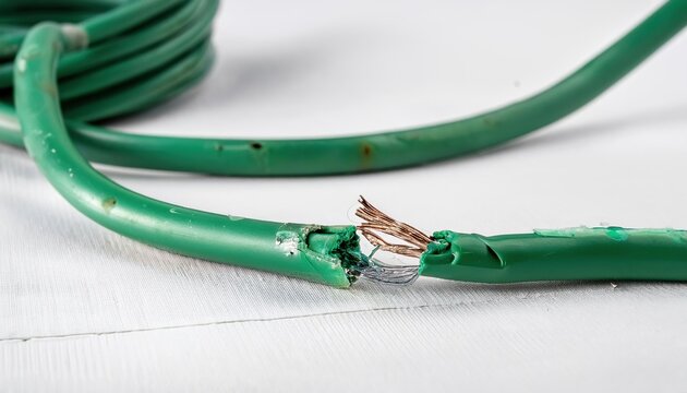 Close-up of damaged electrical extension cord wiring on white surface