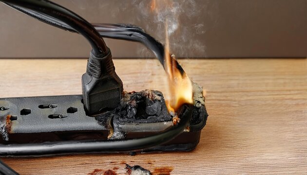 Electrical surge protector and extension cord fire hazard scene