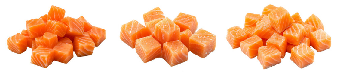 Fresh Raw Salmon Cubes Isolated on Transparent Background &ndash; Perfect for Sashimi, Sushi, and Culinary Menus