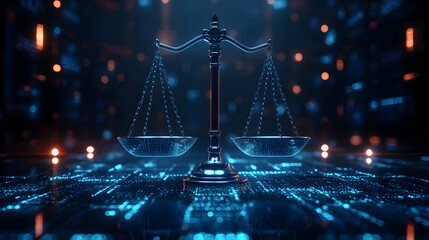 A digital representation of a balanced scale symbolizing justice and law.
