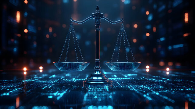 A digital representation of a balanced scale symbolizing justice and law.