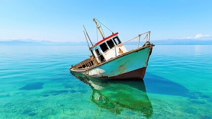 Fototapeta premium Lonely Boat of Forgotten Dreams Slowly Sinking into the Sea