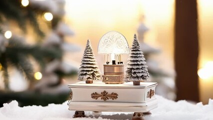Christmas music box with illuminated christmas trees and blurred christmas tree in the background is standing on a snowy surface