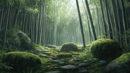 Fototapeta premium A quiet bamboo forest with tall, green bamboo stalks reaching toward the sky, while moss-covered stones and the forest floor create a serene, peaceful setting