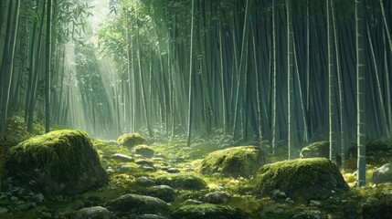 Obraz premium A quiet bamboo forest with tall, green bamboo stalks reaching toward the sky, while moss-covered stones and the forest floor create a serene, peaceful setting