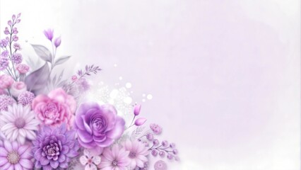 Floral arrangement in soft pastel colors with purple flowers and copy space