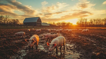Obraz premium Pigs in a Muddy Field at Sunset