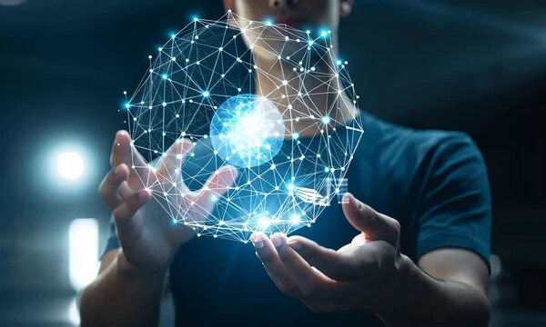 hand holding global network connection, global technology network concept