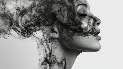 Fototapeta premium A woman's face obscured by abstract smoke-like patterns