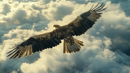 Naklejka premium A lone eagle soaring through a cloudy sky with its wings spread wide.