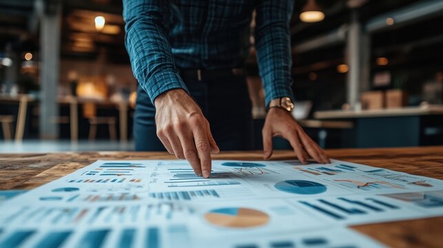 A person points at a set of charts and graphs on a wooden table in a modern office setting, ideal for representing business analysis, financial planning, or a team meeting presentation,