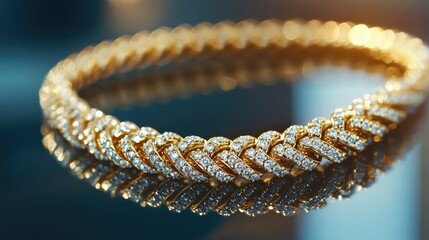 Close-up of a gold necklace with diamond detailing, arranged on a reflective surface, showcasing its fine craftsmanship and luxurious appeal