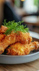 Crispy chicken skin served on a plate with garnish, crispy chicken, delicious texture