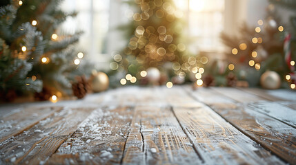White empty wooden table top with blur background of Christmas